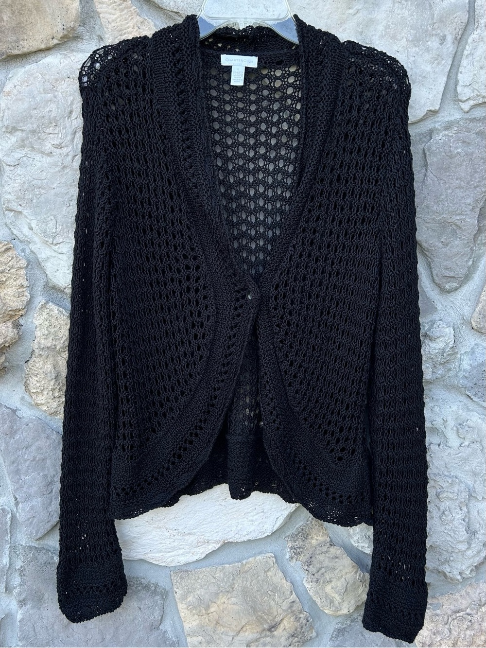 Charter Club Black Crochet Knit Cardigan Size L Fall Staple Bohemian Layering
